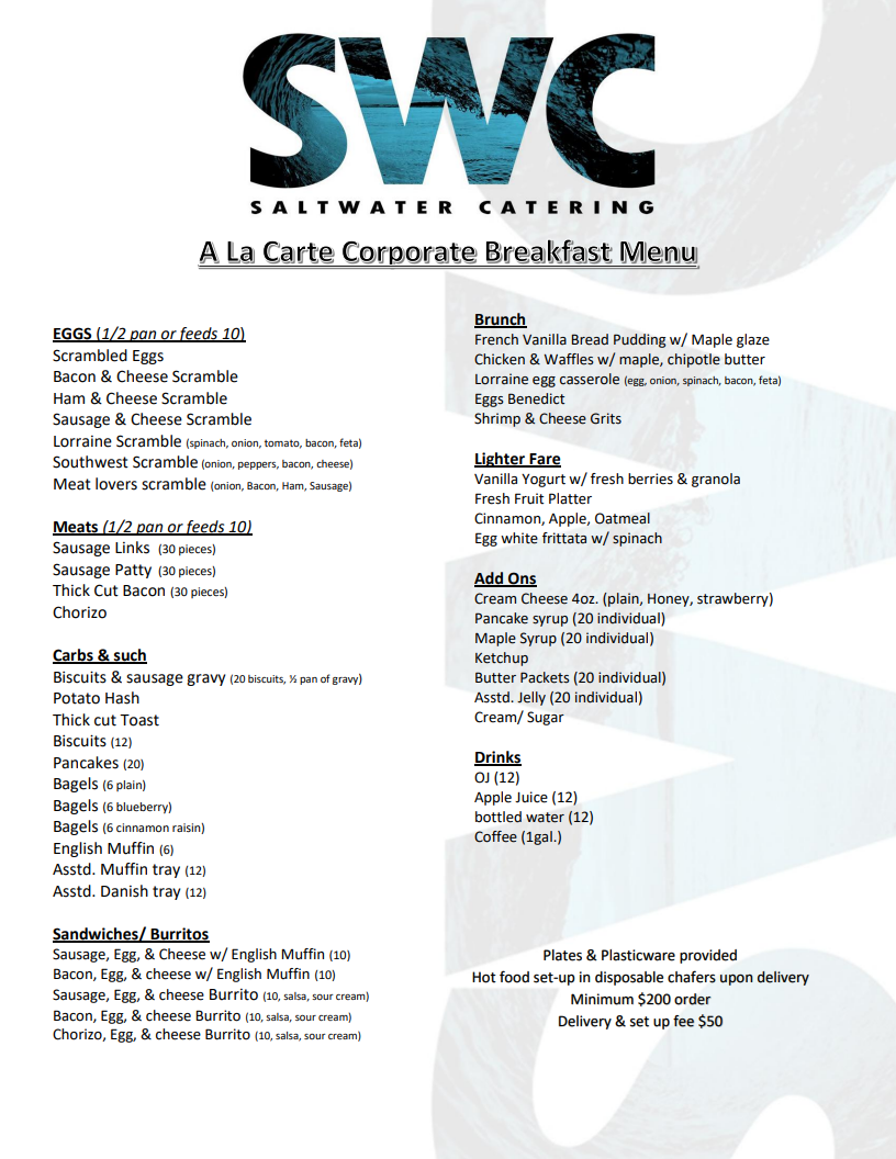 A La Carte Corporate Breakfast Menu