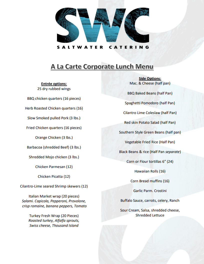 A La Carte Corporate Lunch Menu