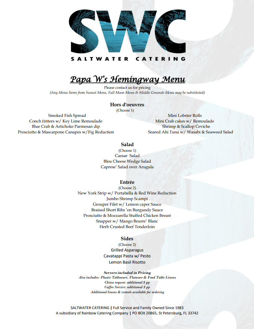Papa W's Hemingway Menu
