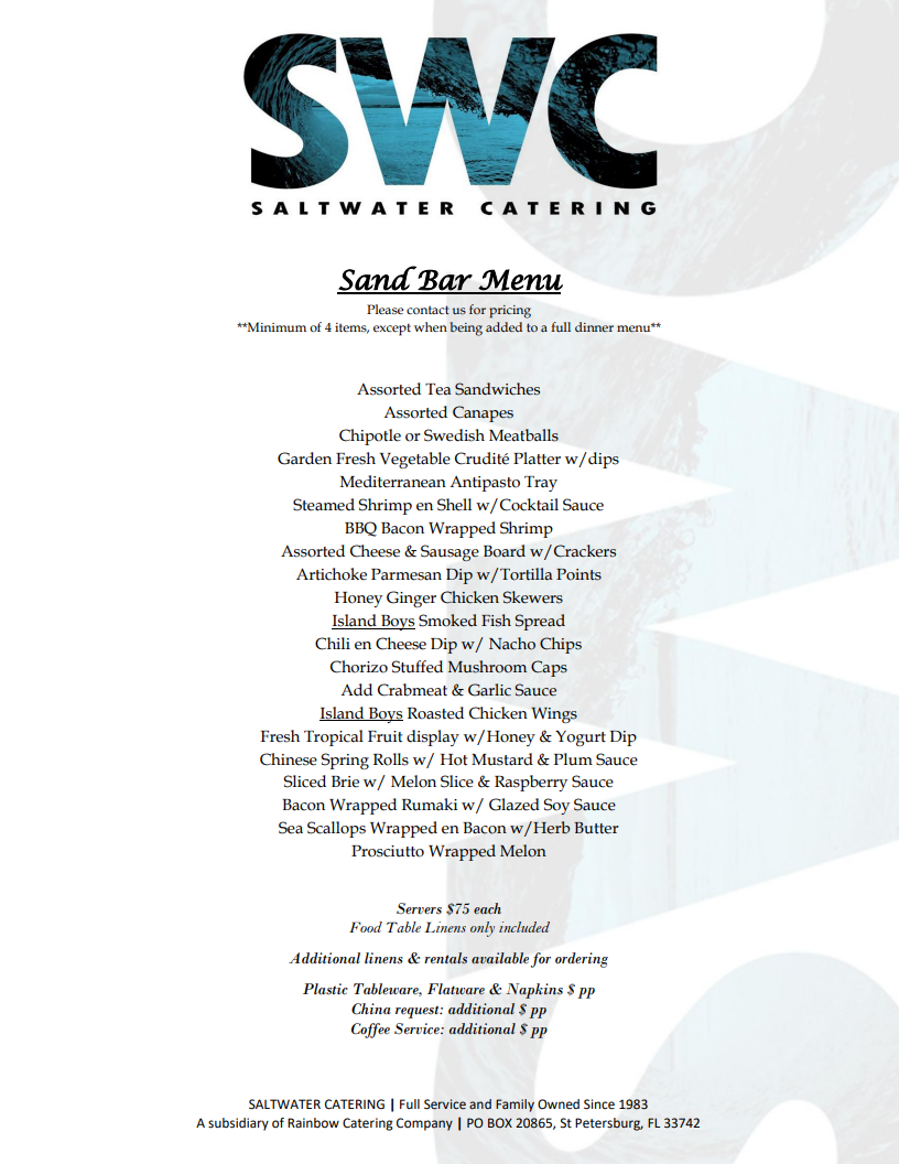 Sand Bar Menu
